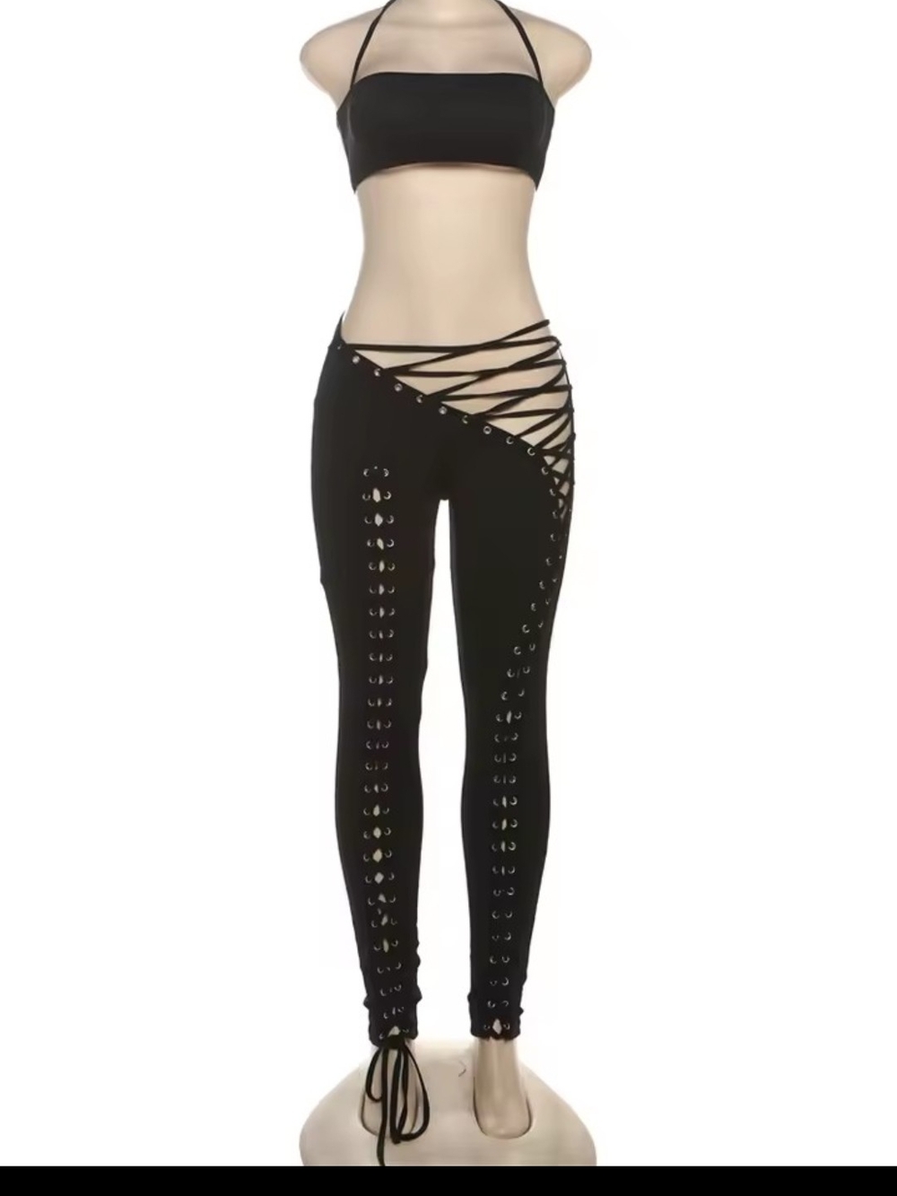 Black Lace-Up High-Waist Skinny Pants
